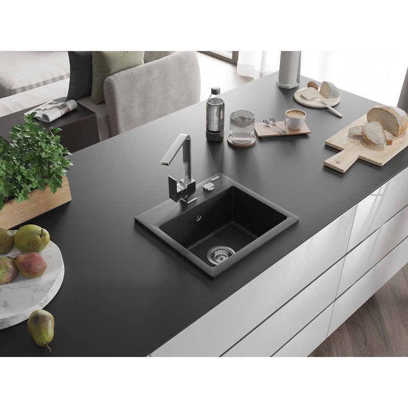 Mexen Milo granite sink 1-bowl with Rita kitchen faucet, black/silver metallic - 6505-73-670300-00