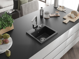 Mexen Milo 1-bowl granite kitchen sink with Rita mixer tap, black/silver metallic - 6505-73-670300-00