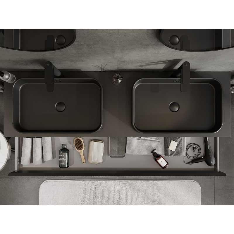 Mexen Rivel bathroom cabinet under sink 160 cm with countertop, 1 drawer, grooved, matte black - 91A20-16023-1-BFC71