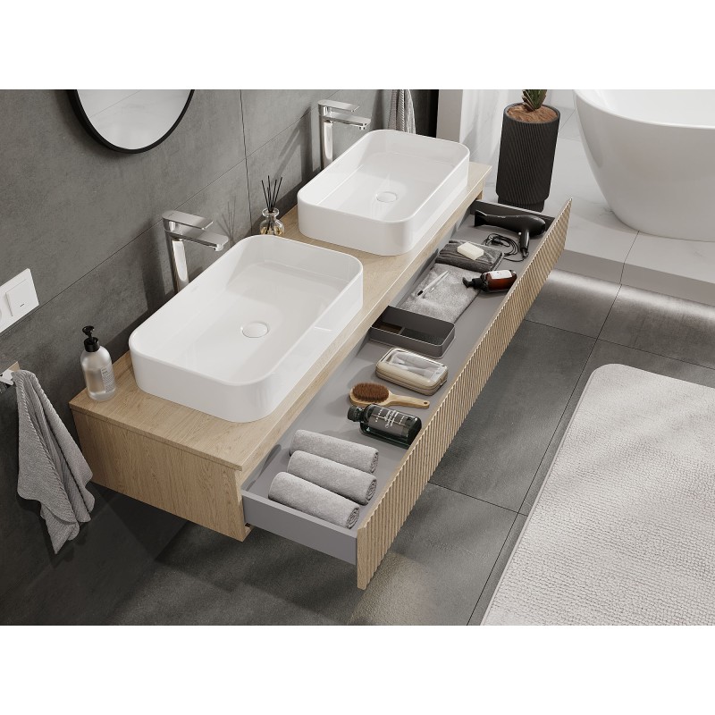 Mexen Rivel bathroom cabinet 160 cm with countertop, 1 drawer, grooved, oak - 91A20-16023-1-BFC81