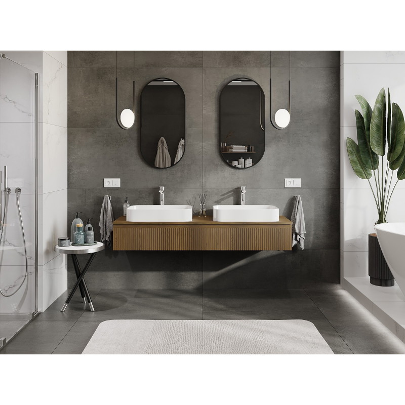 Mexen Rivel bathroom vanity cabinet 160 cm with countertop, 1 drawer, grooved, walnut - 91A20-16023-1-BFC86