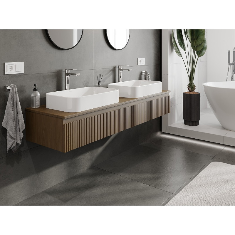 Mexen Rivel bathroom vanity cabinet 160 cm with countertop, 1 drawer, grooved, walnut - 91A20-16023-1-BFC86