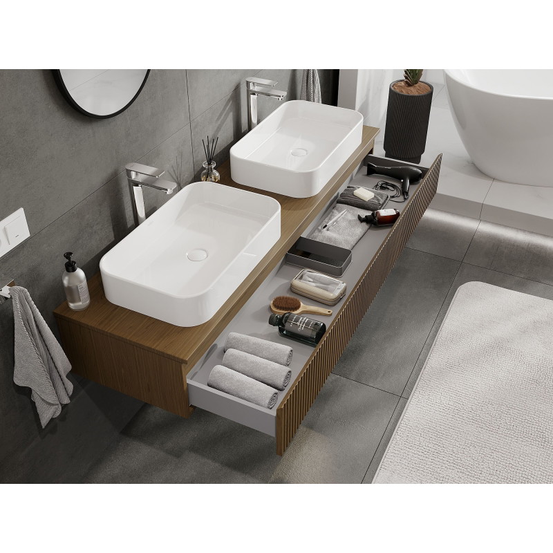 Mexen Rivel bathroom vanity cabinet 160 cm with countertop, 1 drawer, grooved, walnut - 91A20-16023-1-BFC86