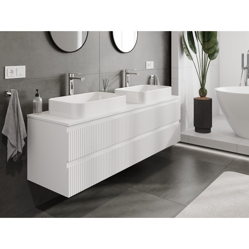 Mexen Rivel bathroom cabinet for countertop 160 cm with top, 2 drawers, ribbed, white matt - 91A20-16047-2-BFFC01