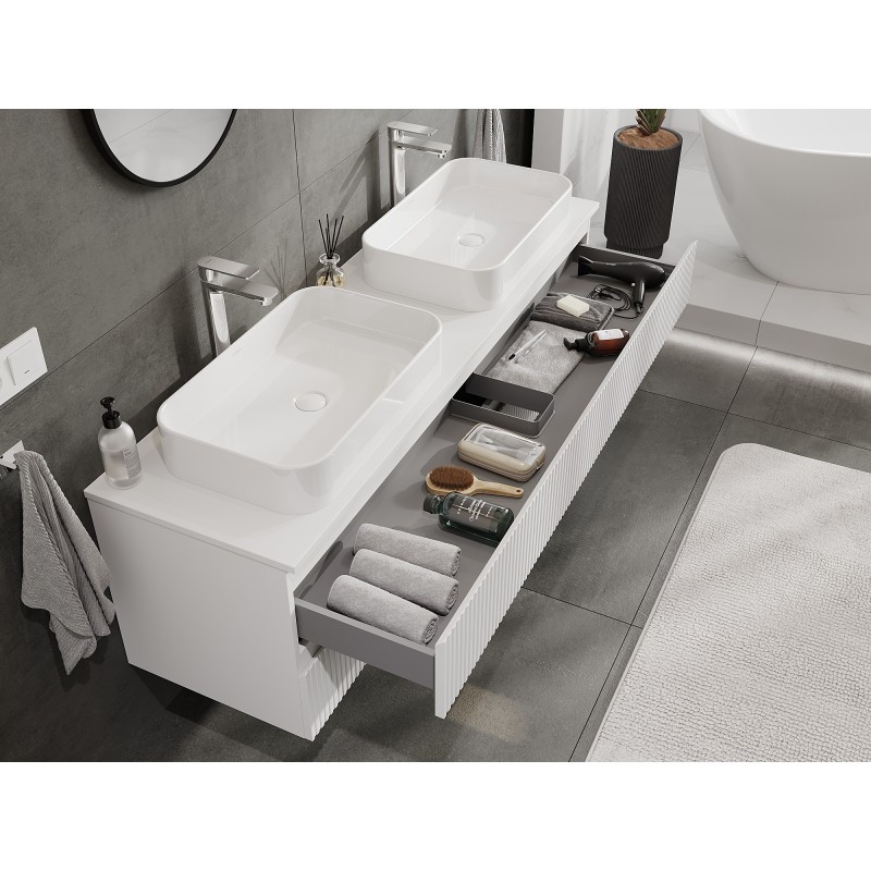 Mexen Rivel bathroom cabinet for countertop 160 cm with top, 2 drawers, ribbed, white matt - 91A20-16047-2-BFFC01