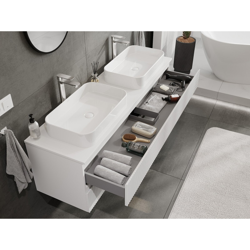 Mexen Rivel bathroom cabinet under sink 160 cm with countertop, 2 drawers, grooved, white matte - 91A20-16047-2-BFFC01