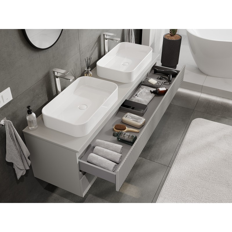 Mexen Rivel bathroom cabinet for washbasin 160 cm with countertop, 2 drawers, ribbed, matte grey - 91A20-16047-2-BFFC62