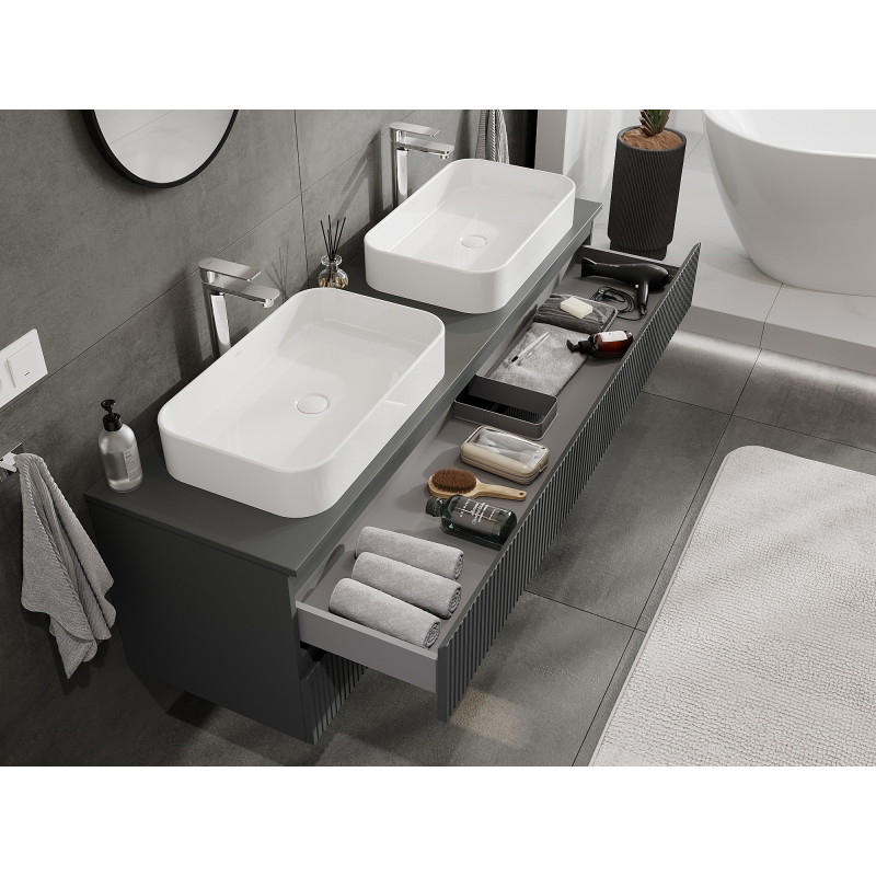 Mexen Rivel bathroom vanity cabinet 160 cm with countertop, 2 drawers, grooved, matte graphite - 91A20-16047-2-BFFC66