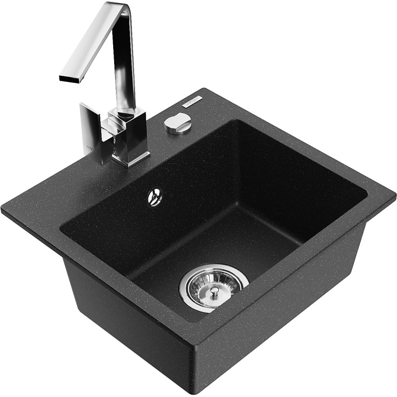 Mexen Milo 1-bowl granite sink with Rita kitchen faucet, black/silver metallic - 6505-73-670300-00