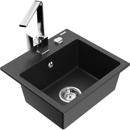 Mexen Milo 1-bowl granite sink with Rita kitchen faucet, black/silver metallic - 6505-73-670300-00