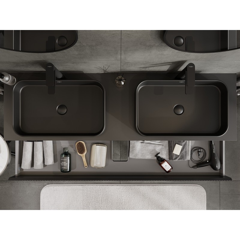 Mexen Rivel 160 cm Under-Sink Bathroom Cabinet with Countertop, 2 Drawers, Ribbed, Matte Black - 91A20-16047-2-BFFC71