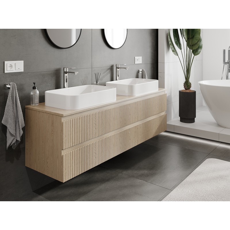 Mexen Rivel bathroom cabinet for washbasin 160 cm with countertop, 2 drawers, grooved, oak - 91A20-16047-2-BFFC81