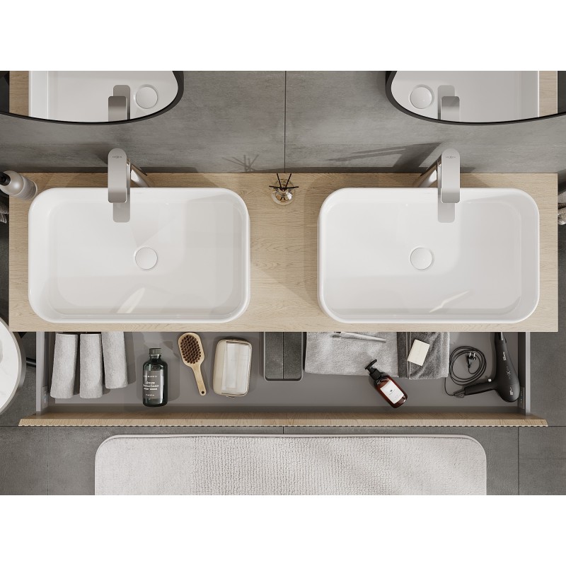 Mexen Rivel bathroom cabinet for washbasin 160 cm with countertop, 2 drawers, grooved, oak - 91A20-16047-2-BFFC81