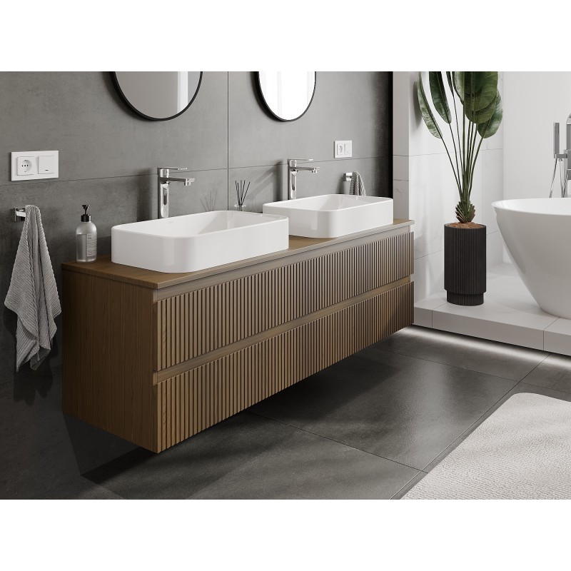 Mexen Rivel 160 cm Bathroom Cabinet with Countertop, 2 Drawers, Grooved, Walnut - 91A20-16047-2-BFFC86