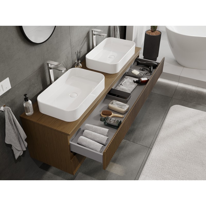Mexen Rivel 160 cm Bathroom Cabinet with Countertop, 2 Drawers, Grooved, Walnut - 91A20-16047-2-BFFC86
