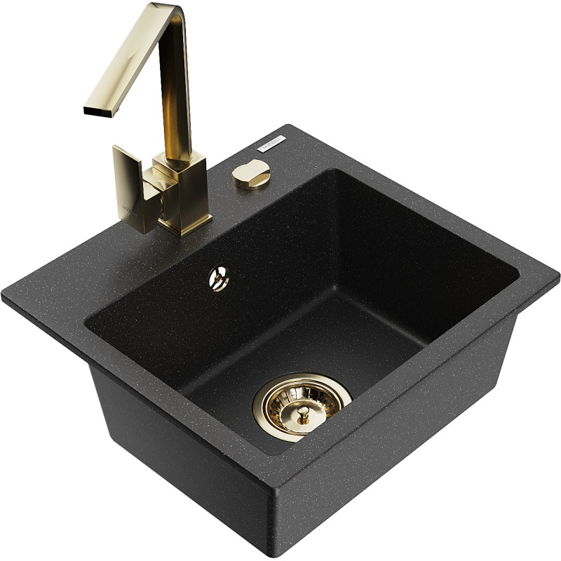 Mexen Milo granite kitchen sink with 1 bowl and Rita kitchen faucet, black/silver metallic - 6505-73-670300-50