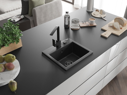 Mexen Milo granite kitchen sink 1-bowl with Rita kitchen tap, black/silver metallic - 6505-73-670300-70-B