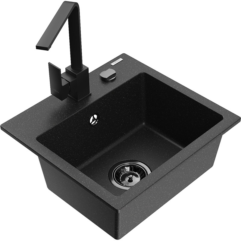 Mexen Milo granite 1-bowl kitchen sink with Rita kitchen faucet, black/silver metallic - 6505-73-670300-70-B