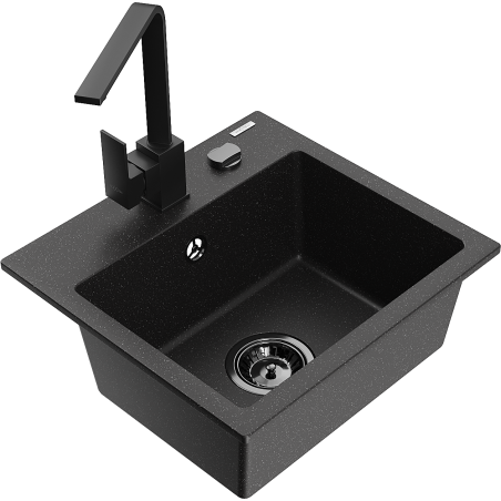 Mexen Milo 1-bowl granite kitchen sink with Rita kitchen faucet, black/silver metallic - 6505-73-670300-70-B