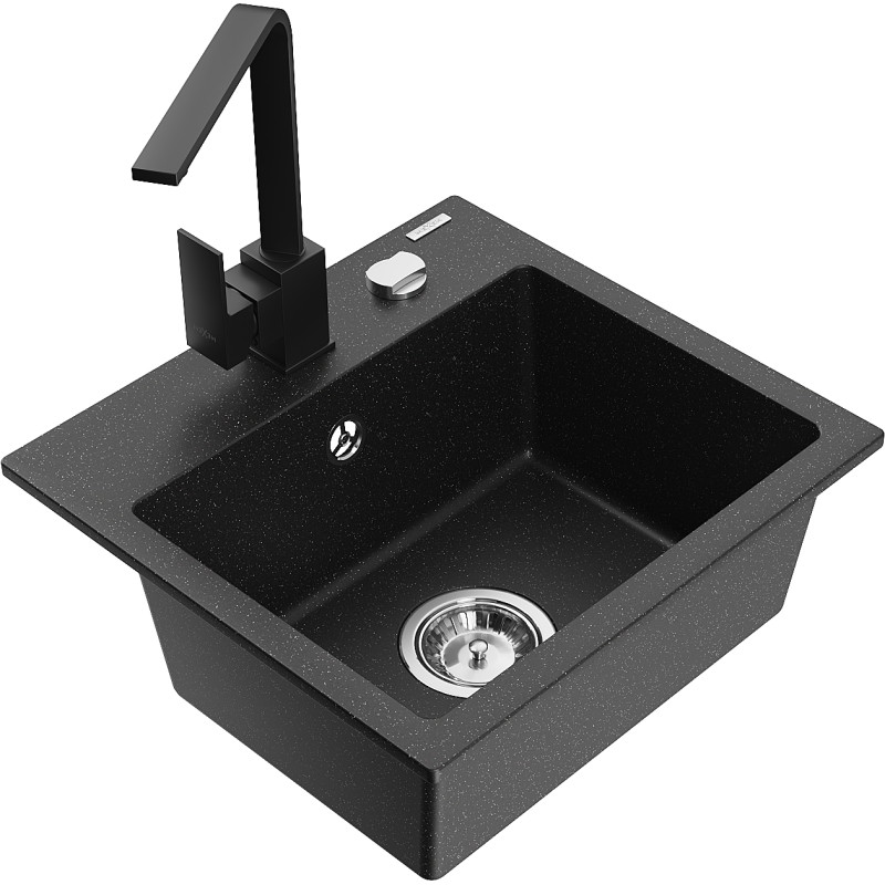 Mexen Milo 1-bowl granite sink with Rita kitchen faucet, black/silver metallic - 6505-73-670300-70