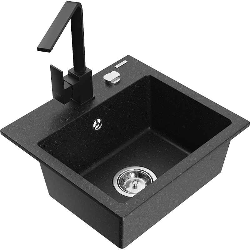 Mexen Milo 1-compartment granite sink with a kitchen mixer tap Rita, Black/Silver metallic - 6505-73-670300-70