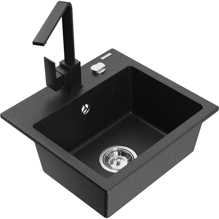 Mexen Milo 1-bowl granite sink with Rita kitchen faucet, black/silver metallic - 6505-73-670300-70