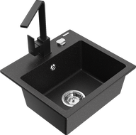 Mexen Milo 1-bowl granite sink with Rita kitchen tap, black/silver metallic - 6505-73-670300-70