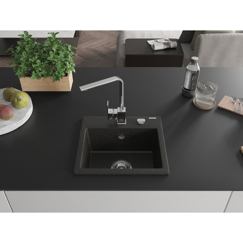 Mexen Milo granite kitchen sink 1-chamber with Rita kitchen faucet, black/gold metallic - 6505-75-670300-00