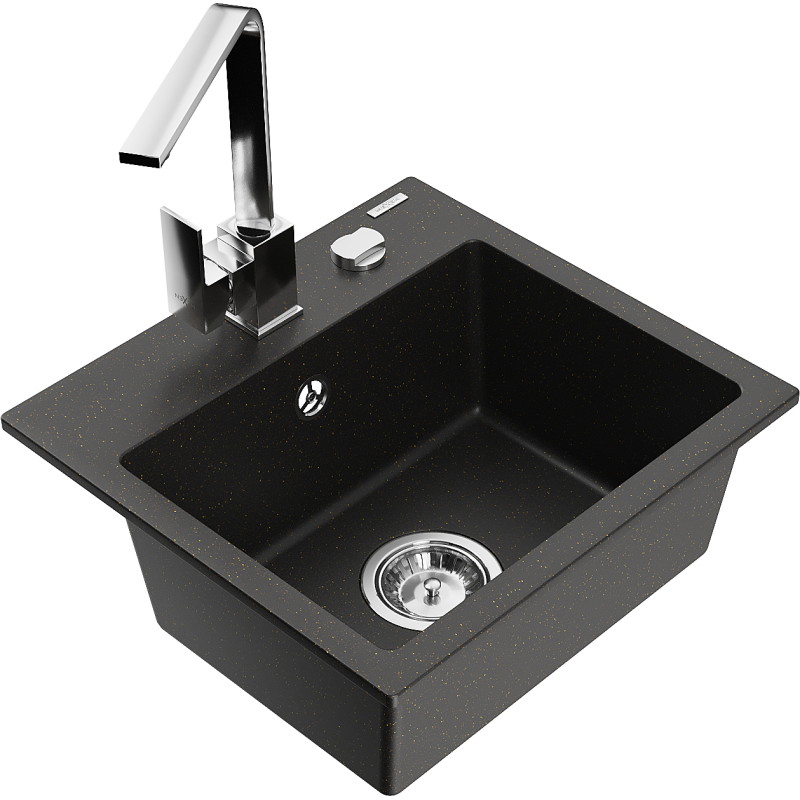 Mexen Milo 1-chamber granite sink with Rita kitchen faucet, black/gold metallic - 6505-75-670300-00