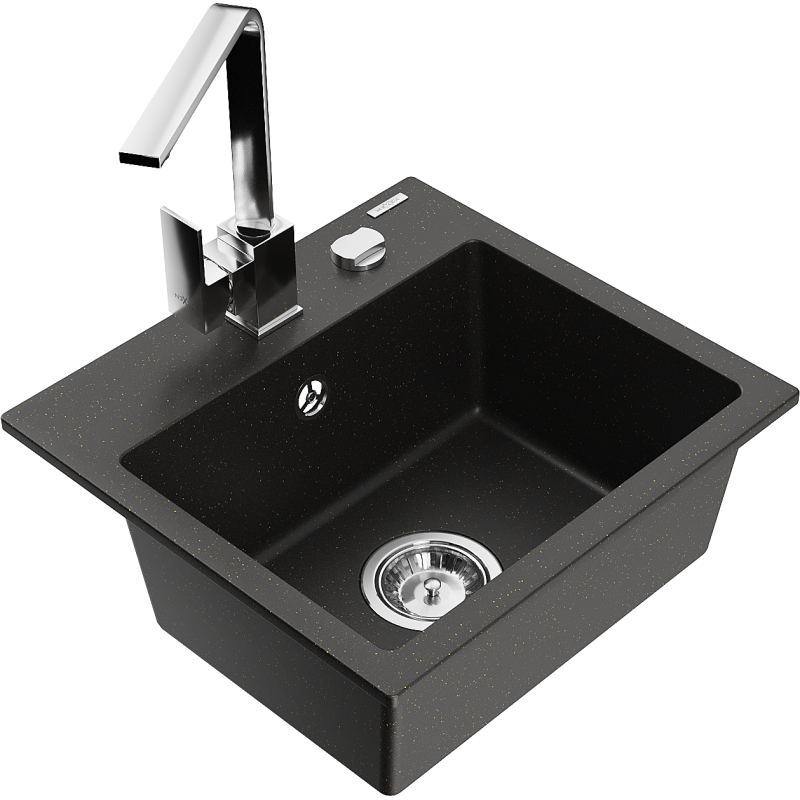 Mexen Milo 1-compartment granite sink with a kitchen mixer tap Rita, Black/Gold metallic - 6505-75-670300-00