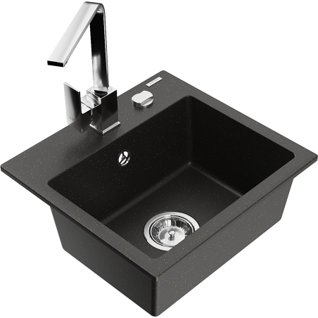 Mexen Milo 1-chamber granite sink with Rita kitchen faucet, black/gold metallic - 6505-75-670300-00