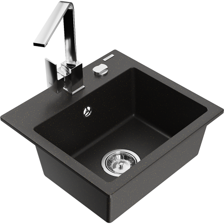 Mexen Milo 1-compartment granite sink with a kitchen mixer tap Rita, Black/Gold metallic - 6505-75-670300-00