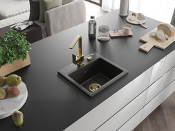 Mexen Milo single-bowl granite sink with Rita kitchen tap, black/gold metallic - 6505-75-670300-50