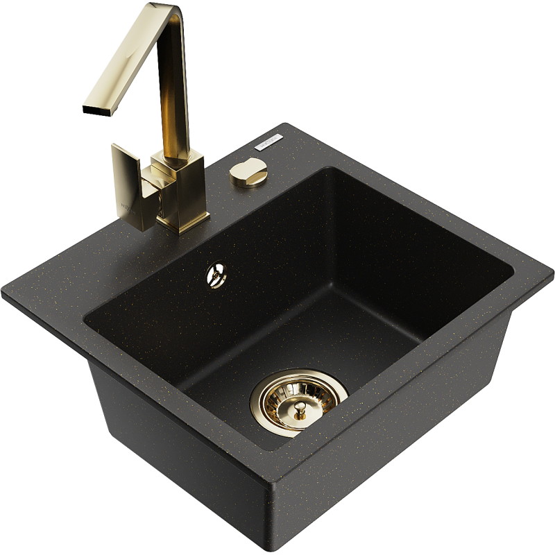 Mexen Milo 1-bowl granite sink with Rita kitchen faucet, black/gold metallic - 6505-75-670300-50
