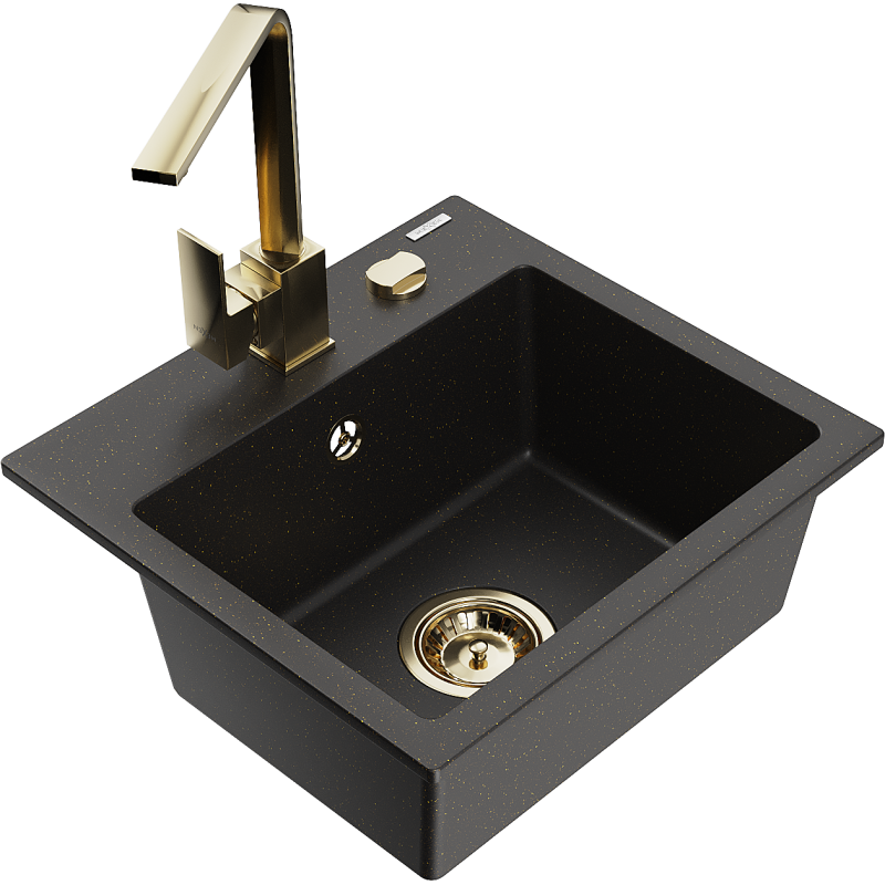 Mexen Milo single-bowl granite sink with Rita kitchen tap, black/gold metallic - 6505-75-670300-50
