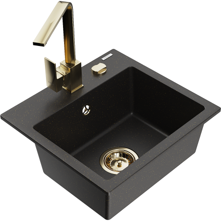 Mexen Milo 1-bowl granite sink with Rita kitchen faucet, black/gold metallic - 6505-75-670300-50