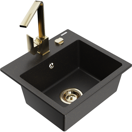 Mexen Milo single-bowl granite sink with Rita kitchen tap, black/gold metallic - 6505-75-670300-50
