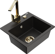 Mexen Milo single-bowl granite sink with Rita kitchen tap, black/gold metallic - 6505-75-670300-50