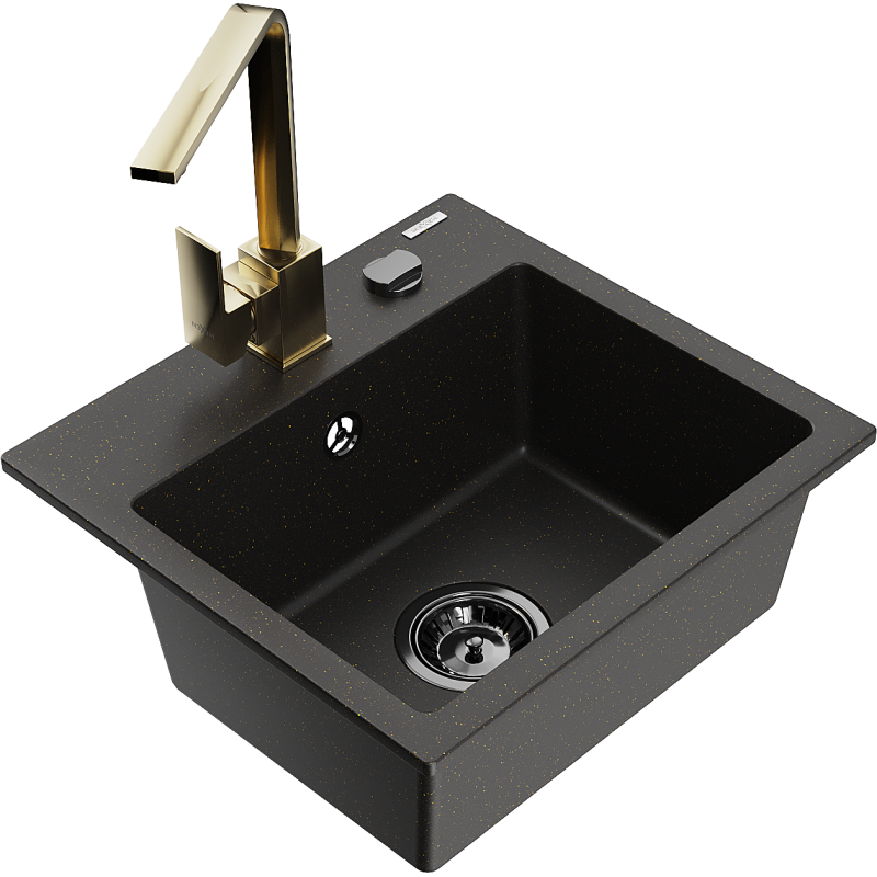 Mexen Milo 1-compartment granite sink with a kitchen mixer tap Rita, Black/Gold metallic - 6505-75-670300-50-B