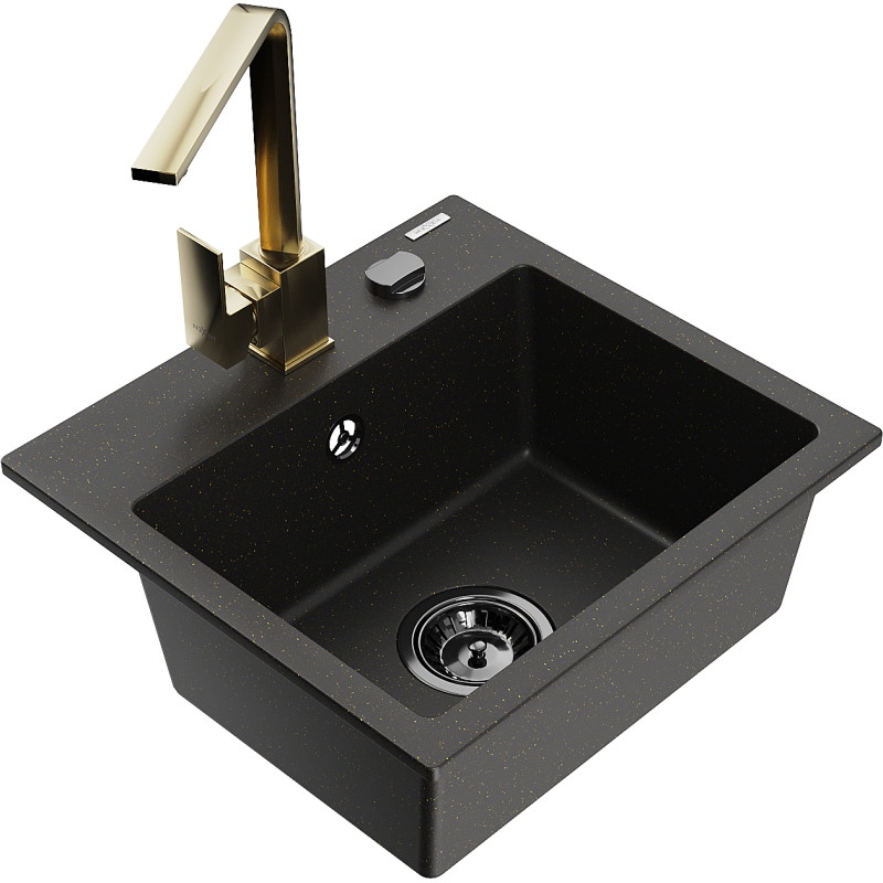 Mexen Milo granite sink 1-bowl with Rita kitchen faucet, black/gold metallic - 6505-75-670300-50-B