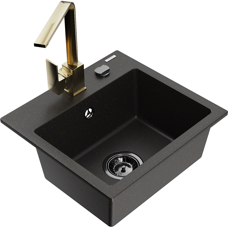 Mexen Milo granite sink single bowl with Rita kitchen tap, black/gold metallic - 6505-75-670300-50-B