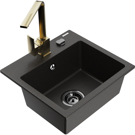 Mexen Milo granite sink 1-bowl with Rita kitchen faucet, black/gold metallic - 6505-75-670300-50-B