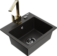 Mexen Milo granite sink single bowl with Rita kitchen tap, black/gold metallic - 6505-75-670300-50-B
