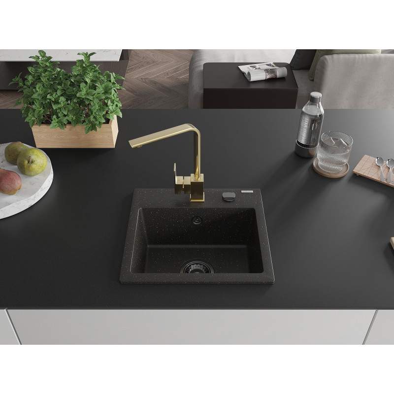 Mexen Milo 1-bowl granite sink with Rita kitchen faucet, black/gold metallic - 6505-75-670300-50-B