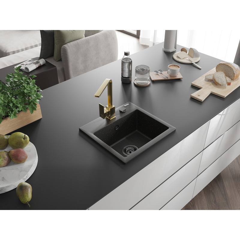 Mexen Milo 1-bowl granite sink with Rita kitchen faucet, black/gold metallic - 6505-75-670300-50-B