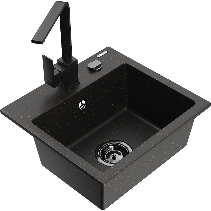 Mexen Milo 1-bowl granite kitchen sink with Rita tap, black/gold metallic - 6505-75-670300-70-B