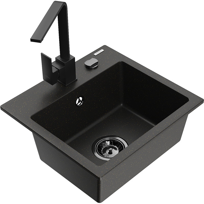 Mexen Milo granite kitchen sink 1-bowl with Rita faucet, black/gold metallic - 6505-75-670300-70-B