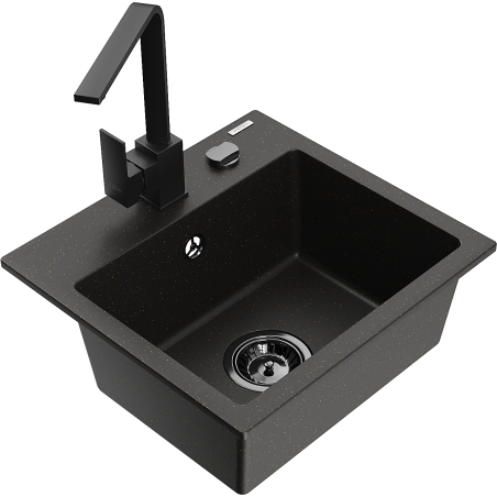 Mexen Milo granite sink 1-bowl with Rita kitchen faucet, black/gold metallic - 6505-75-670300-70-B
