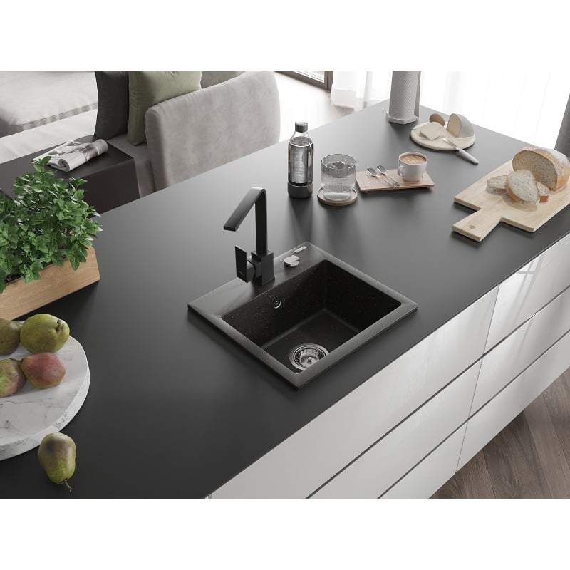 Mexen Milo 1-bowl granite sink with Rita kitchen faucet, black/gold metallic - 6505-75-670300-70