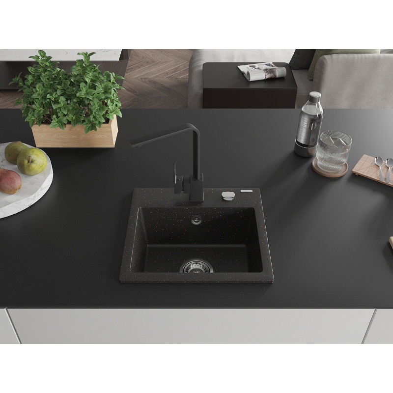 Mexen Milo 1-bowl granite sink with Rita kitchen faucet, black/gold metallic - 6505-75-670300-70